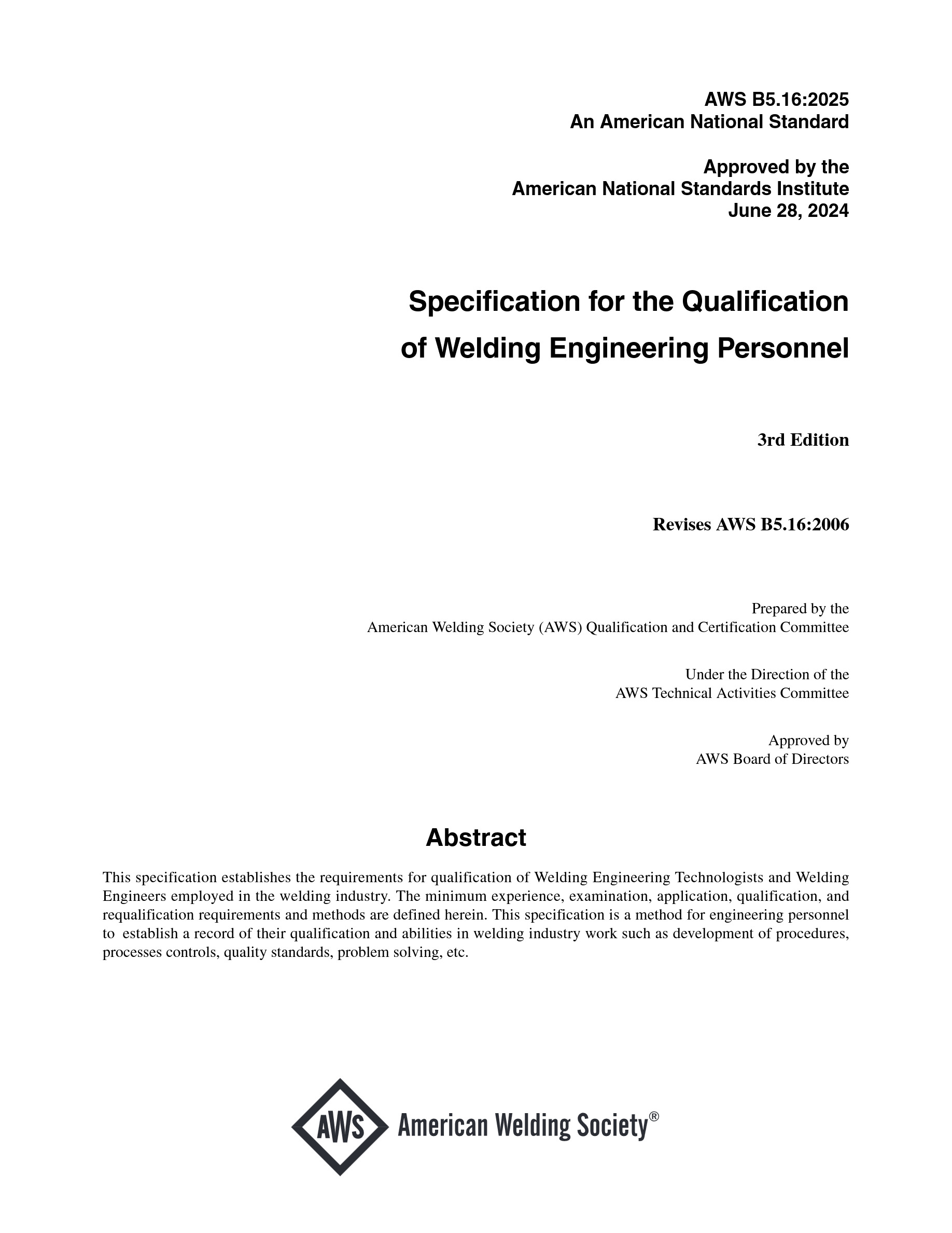 Cover preview — AWS B5.16 Specification for the Qualification of Welding Engineering Personnel - 3rd Edition — Page 2