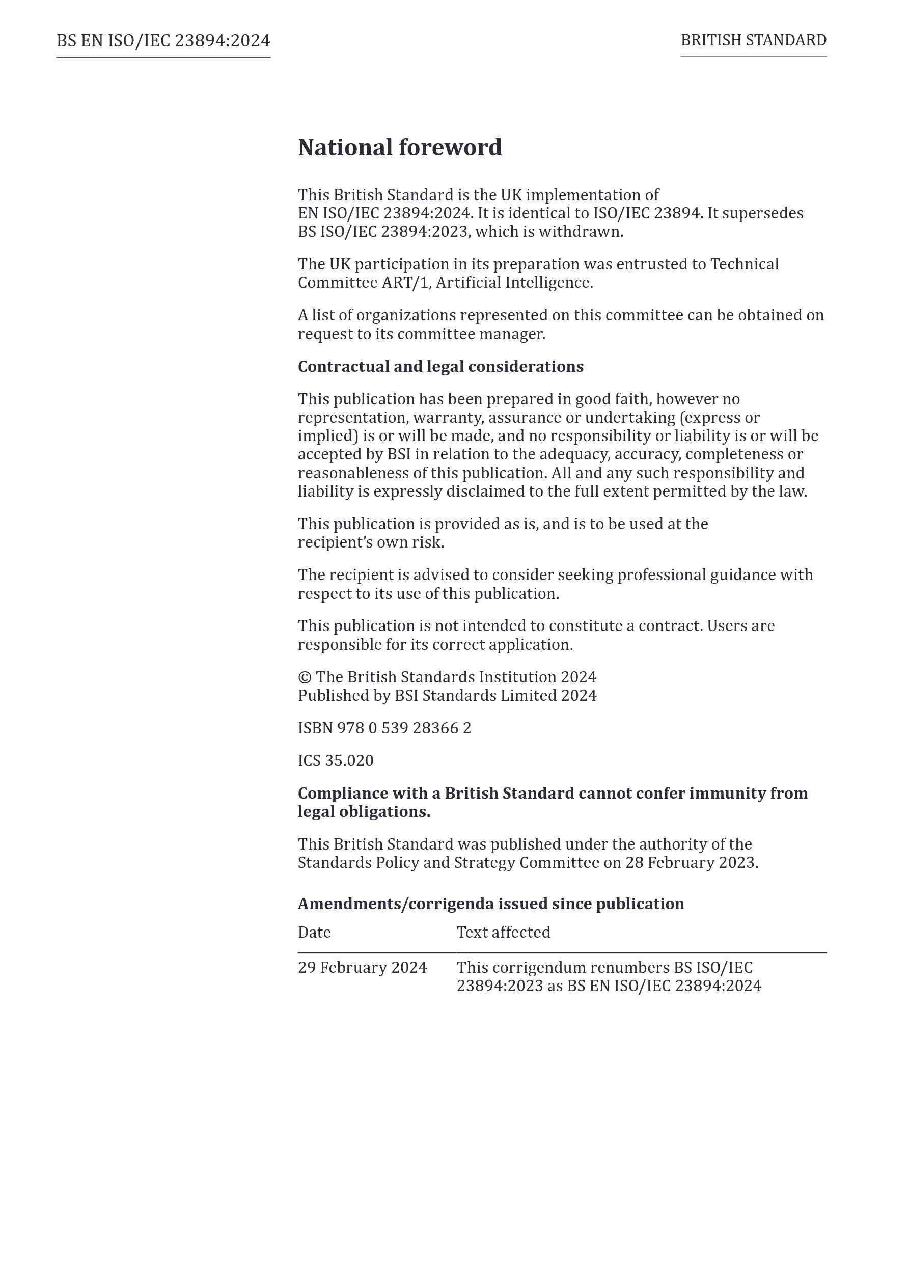 Cover preview — BS EN ISO/IEC 23894:2024 Information Technology — Artificial Intelligence — Guidance on Risk Management — Page 2