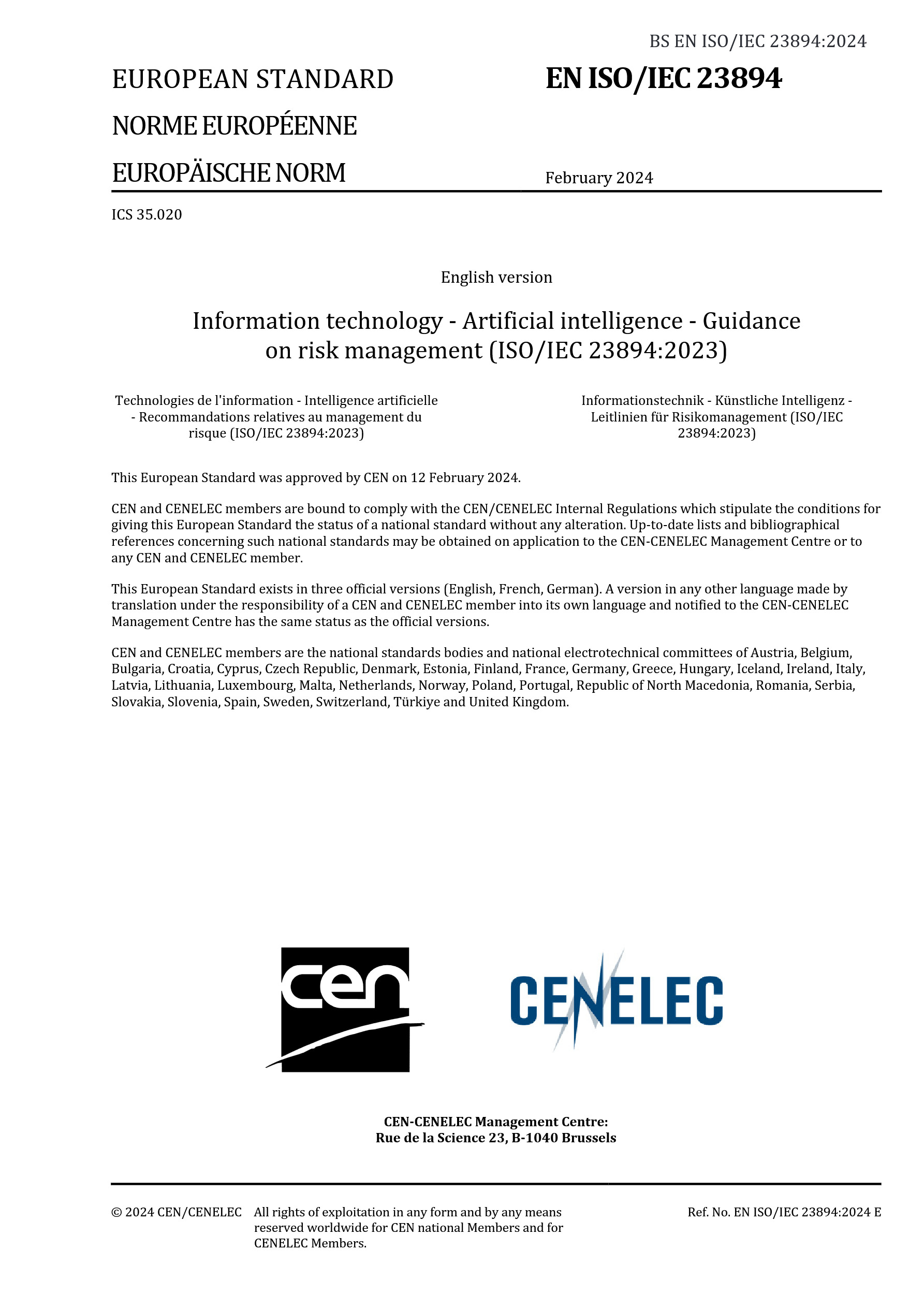 Cover preview — BS EN ISO/IEC 23894:2024 Information Technology — Artificial Intelligence — Guidance on Risk Management — Page 3