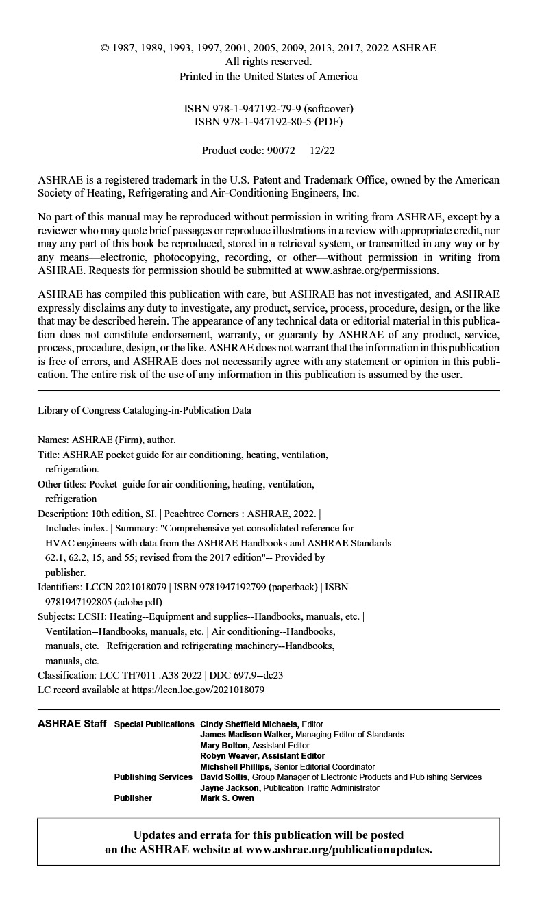 Cover preview — ASHRAE Pocket Guide for Air-Conditioning, Heating, Ventilation, Refrigeration, 10th ed. – SI — Page 3