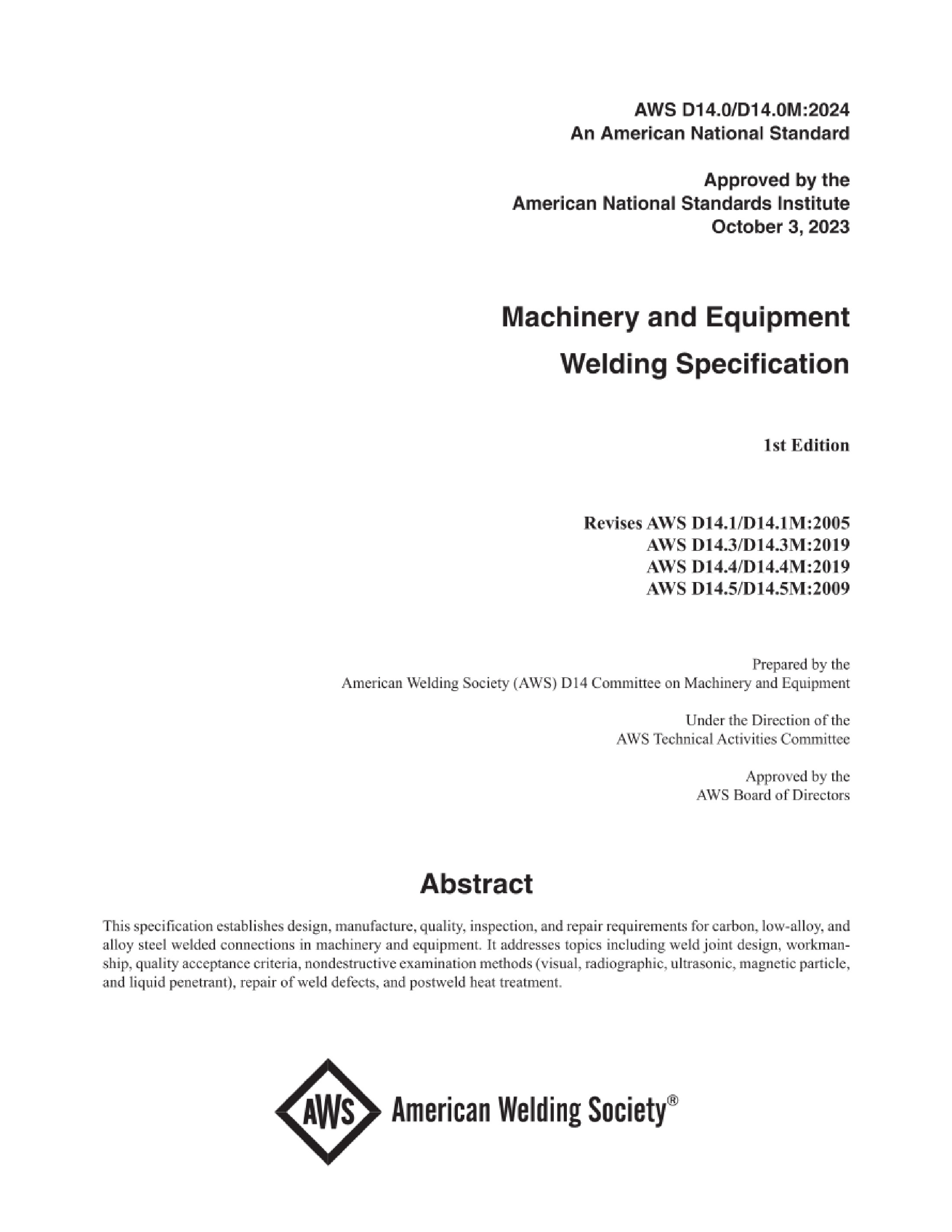 Cover preview — AWS D14.0/D14.0M:2024 Machinery and Equipment Welding Specification, 1st Edition — Page 2