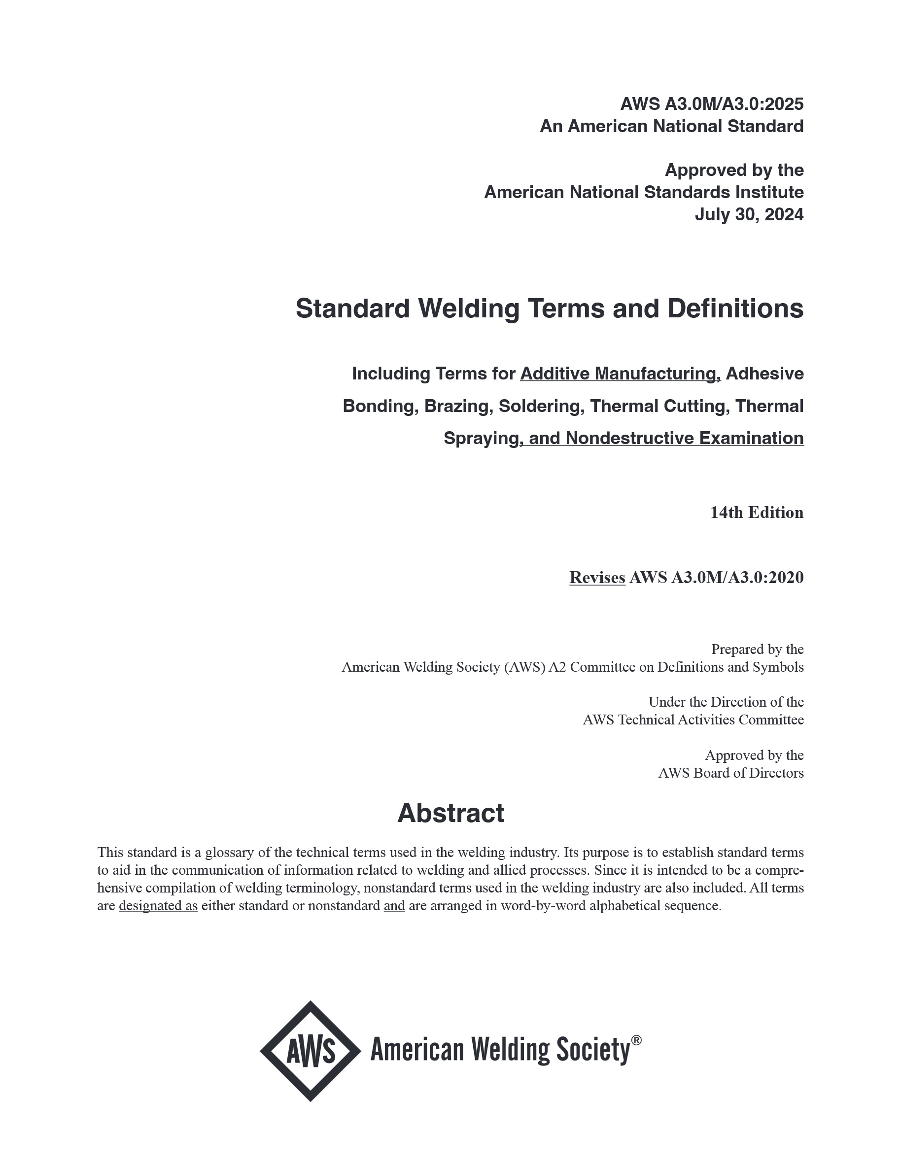 Cover preview — AWS A3.0M/A3.0 Standard Welding Terms and Definitions Including Terms for Additive Manufacturing, Adhesive Bonding, Brazing, Soldering, Thermal Cutting, Thermal Spraying, and Nondestructive Examination - 14th Edition — Page 2