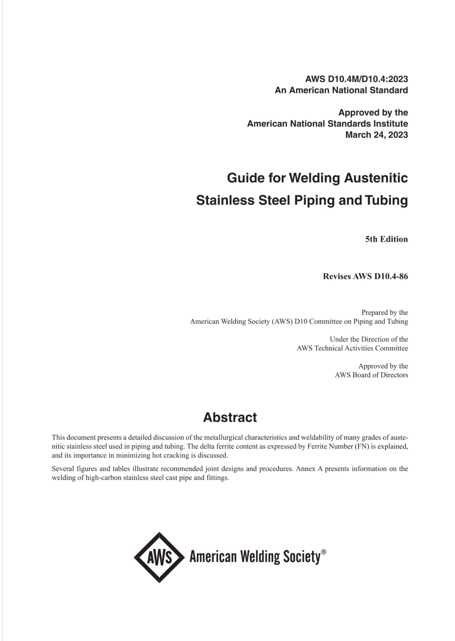 Cover preview — AWS D10.4/D10.4M Recommended Practices for Welding Austenitic Chromium-Nickel Stainless Steel Piping and Tubing — Page 2