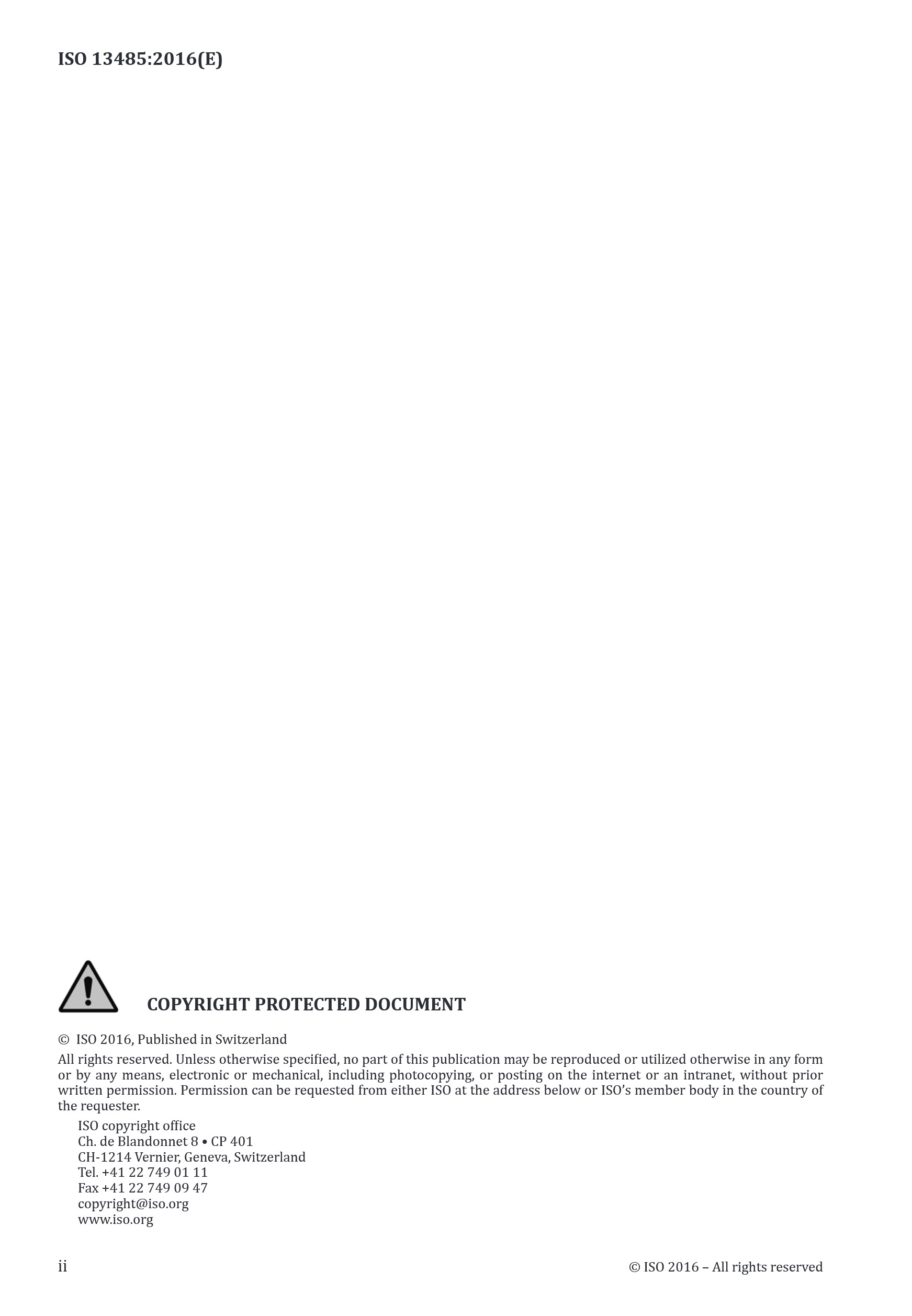 Cover preview — ISO 13485:2016 Medical devices — Quality management systems — Requirements for regulatory purposes — Page 2