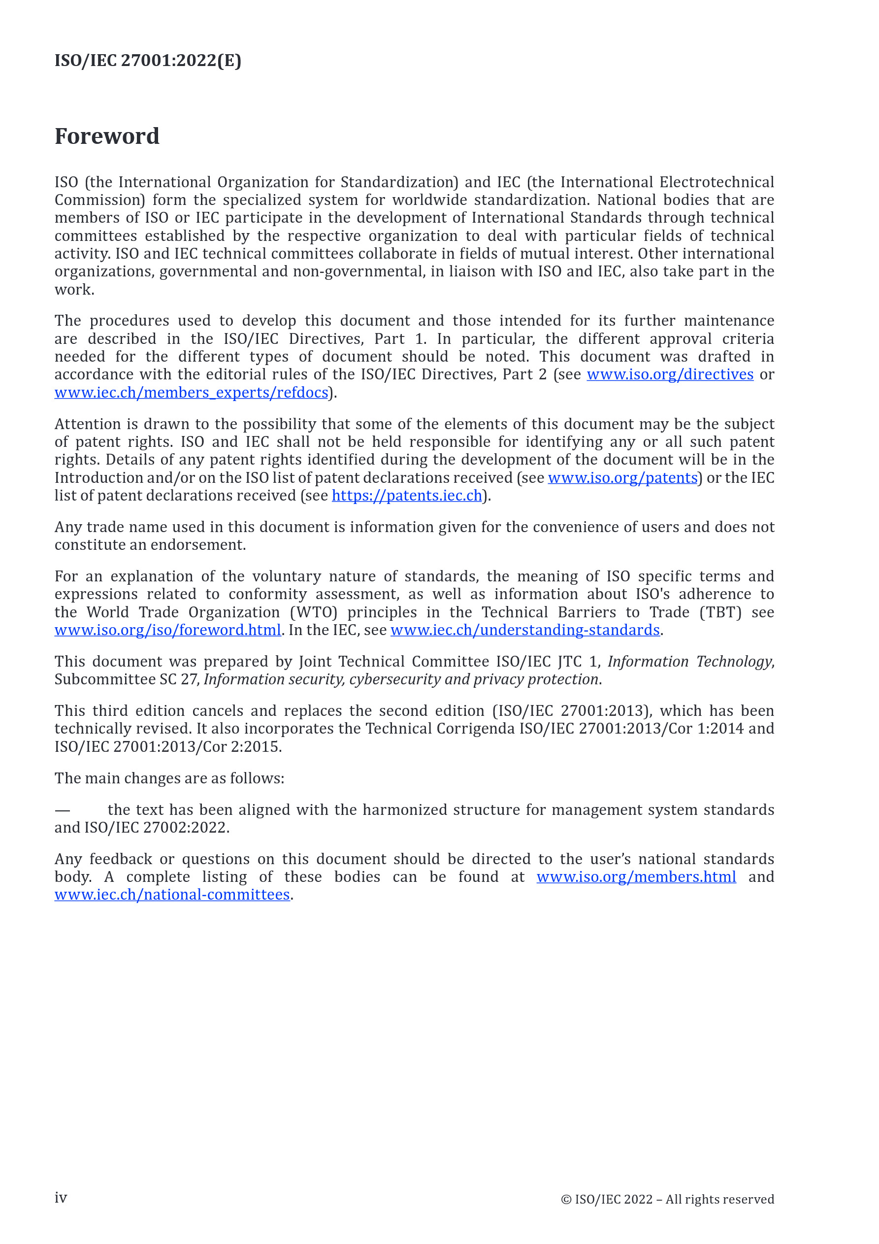 Cover preview — ISO/IEC 27001:2022 + Amendment 1:2024 Information Security, Cybersecurity and Privacy Protection — Information Security Management Systems — Requirements — Page 4