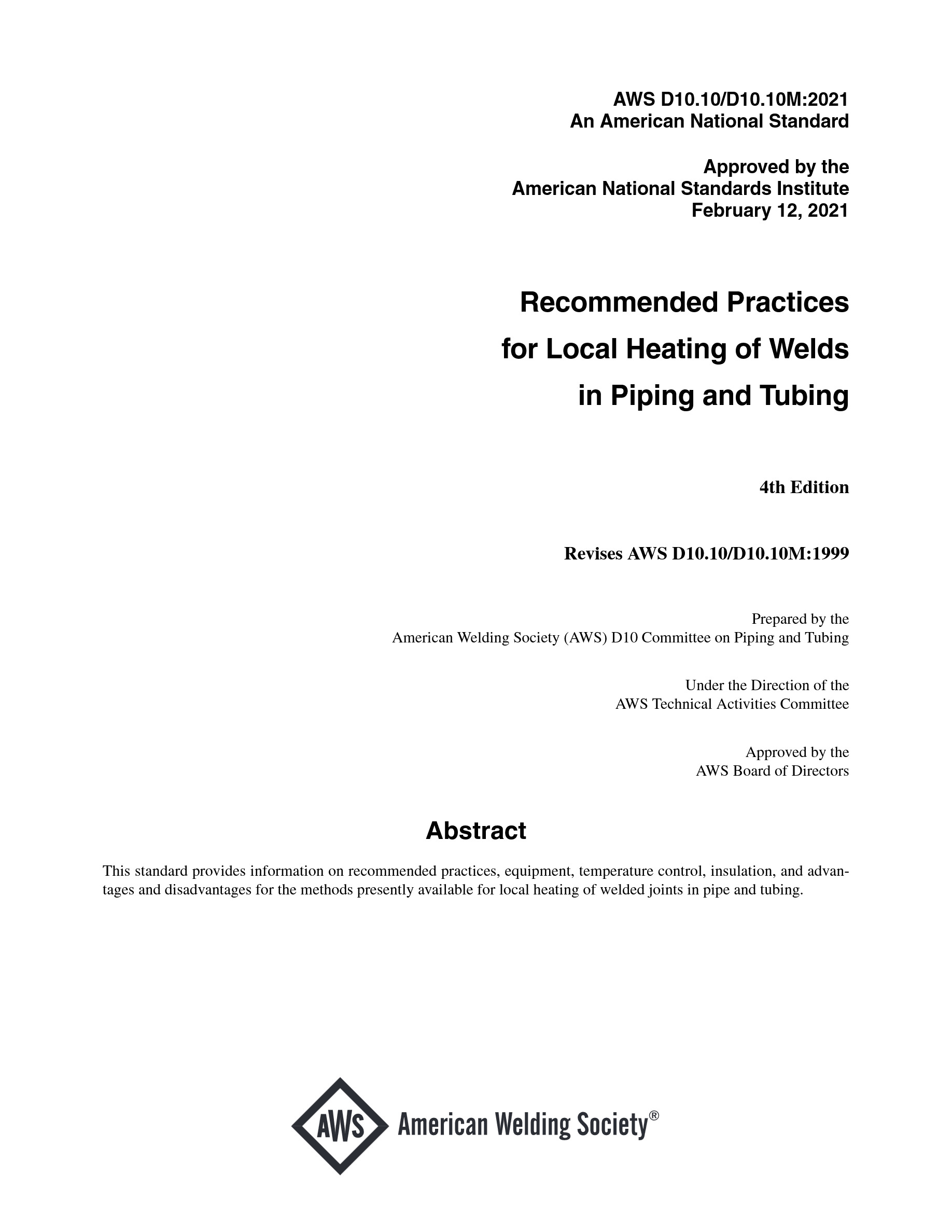 Cover preview — AWS D10.10/D10.10M Recommended Practices for Local Heating of Welds in Piping and Tubing — Page 2