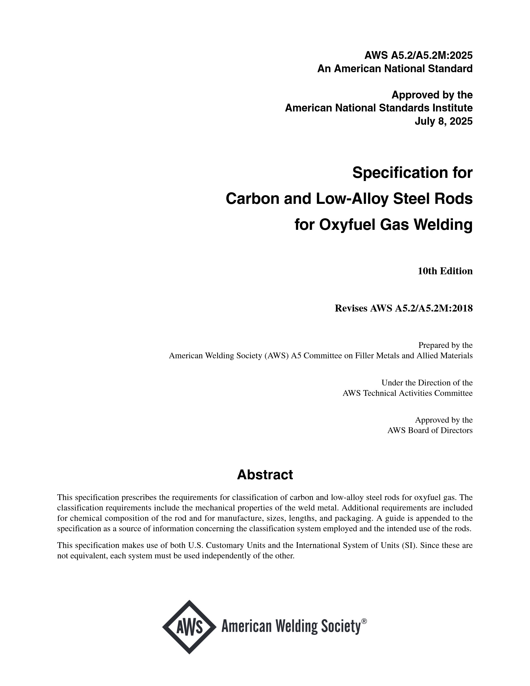 Cover preview — AWS A5.2/A5.2M:2025 Specification for Carbon and Low-Alloy Steel Rods for Oxyfuel Gas Welding, 10th Edition — Page 2
