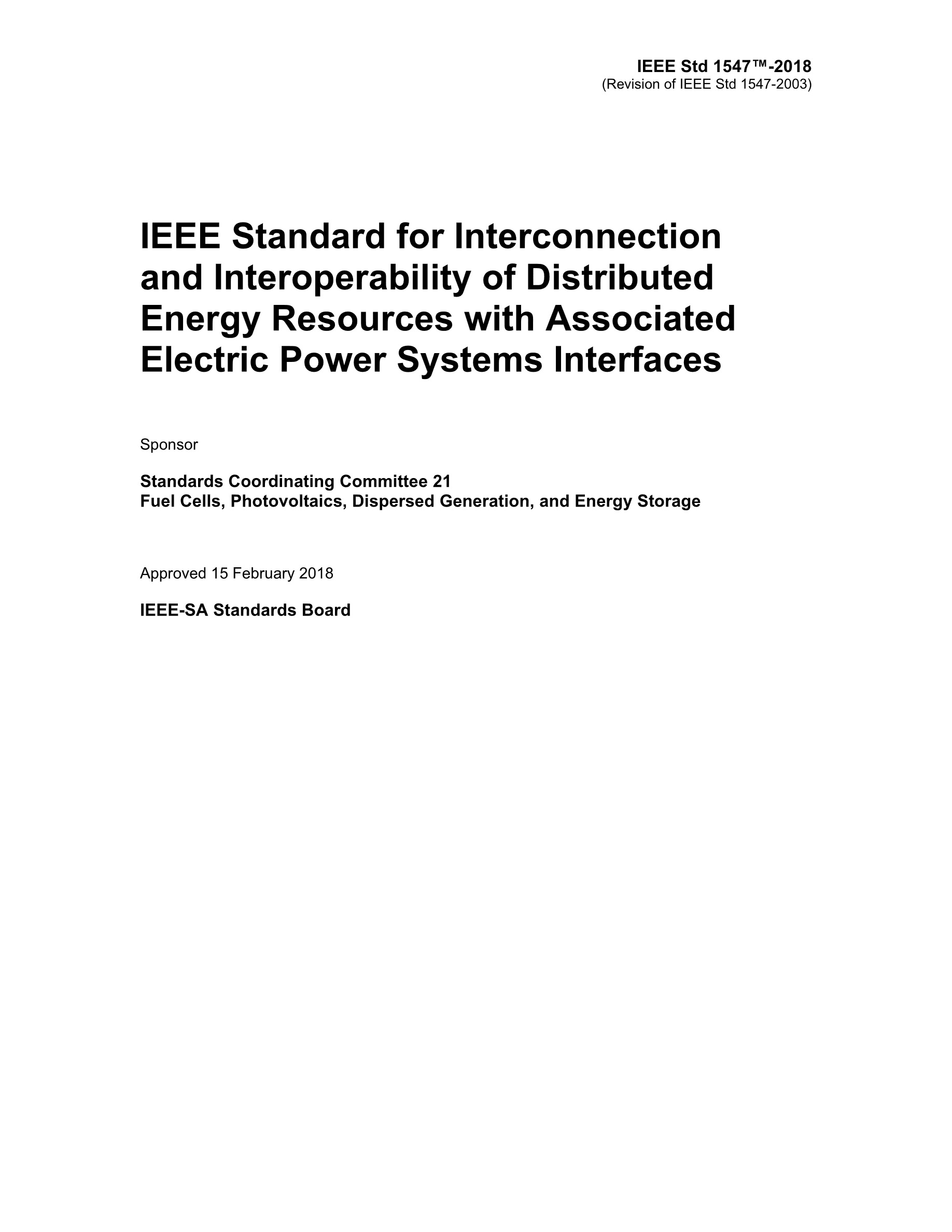 Cover preview — IEEE 1547-2018 - Standard for Interconnection and Interoperability of Distributed Energy Resources with Associated Electric Power Systems Interfaces — Page 2