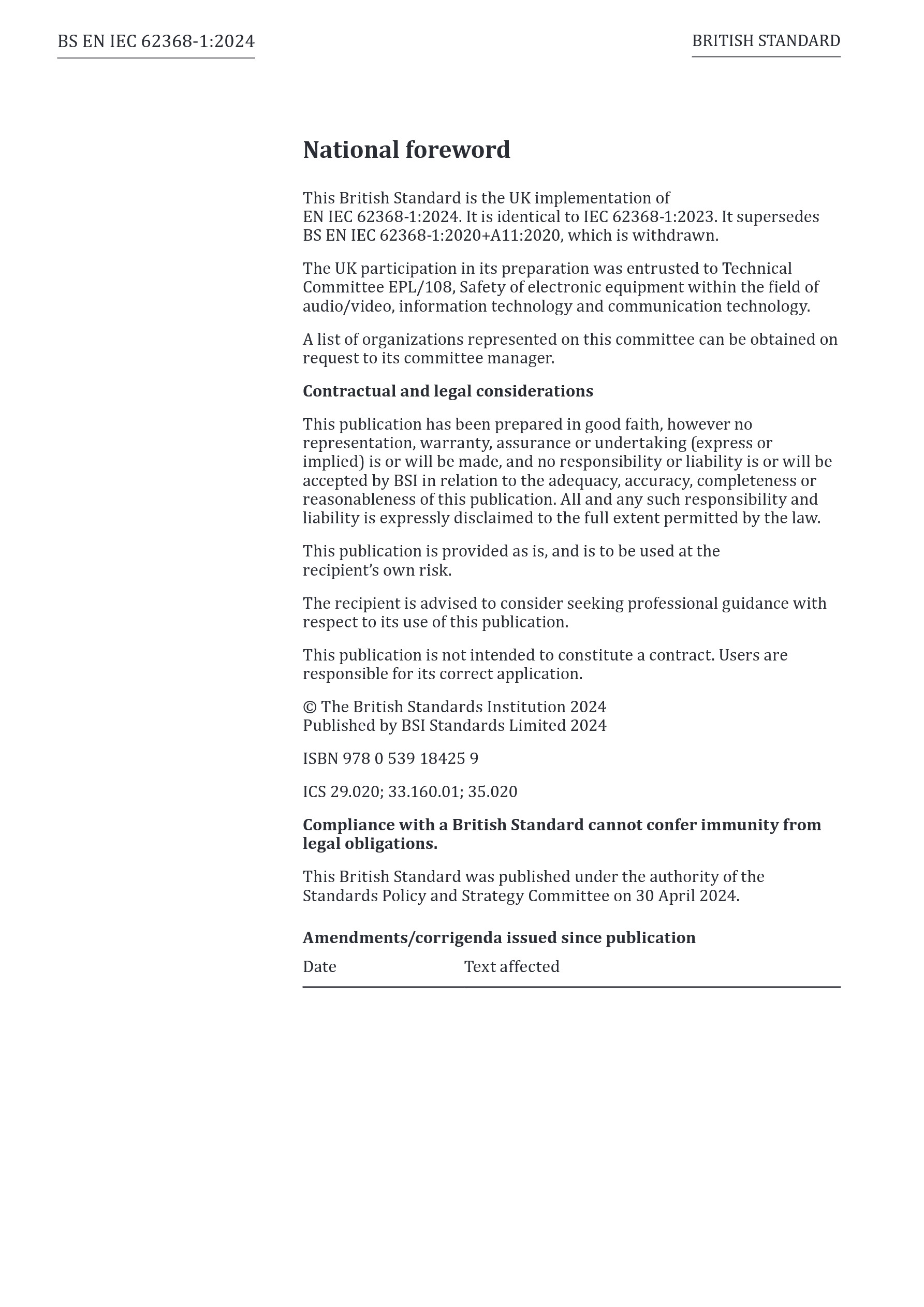 Cover preview — BS EN IEC 62368-1:2024+A11:2024 Audio/video, information and communication technology equipment - Safety requirements - Incorporating corrigendum July 2024 — Page 2