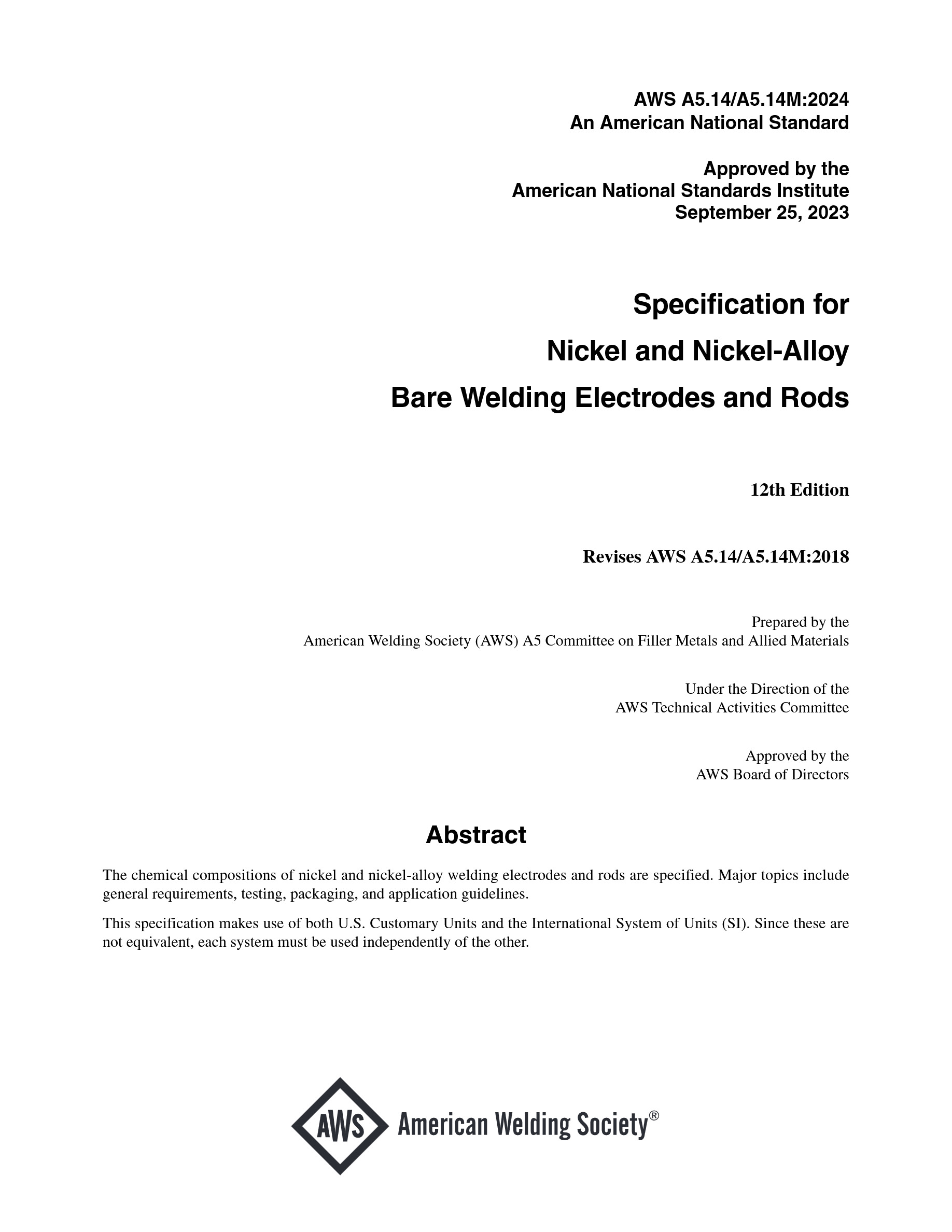 Cover preview — AWS A5.14/A5.14M:2026 Specification for Nickel and Nickel-Alloy Bare Welding Electrodes and Rods — Page 2