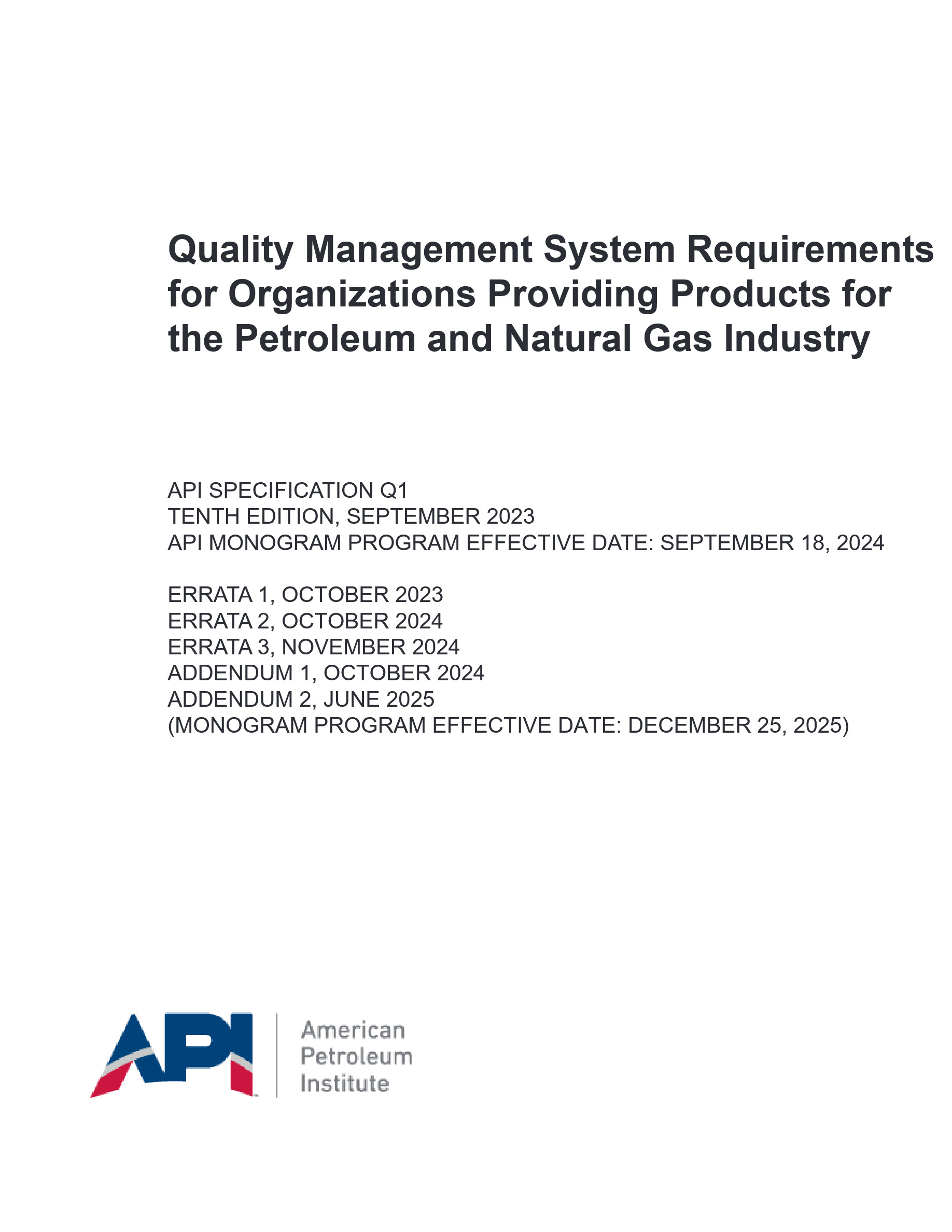Cover preview — API Spec Q1 Quality Management System Requirements for Organizations Providing Products for the Petroleum and Natural Gas Industry, Tenth Edition — Page 1