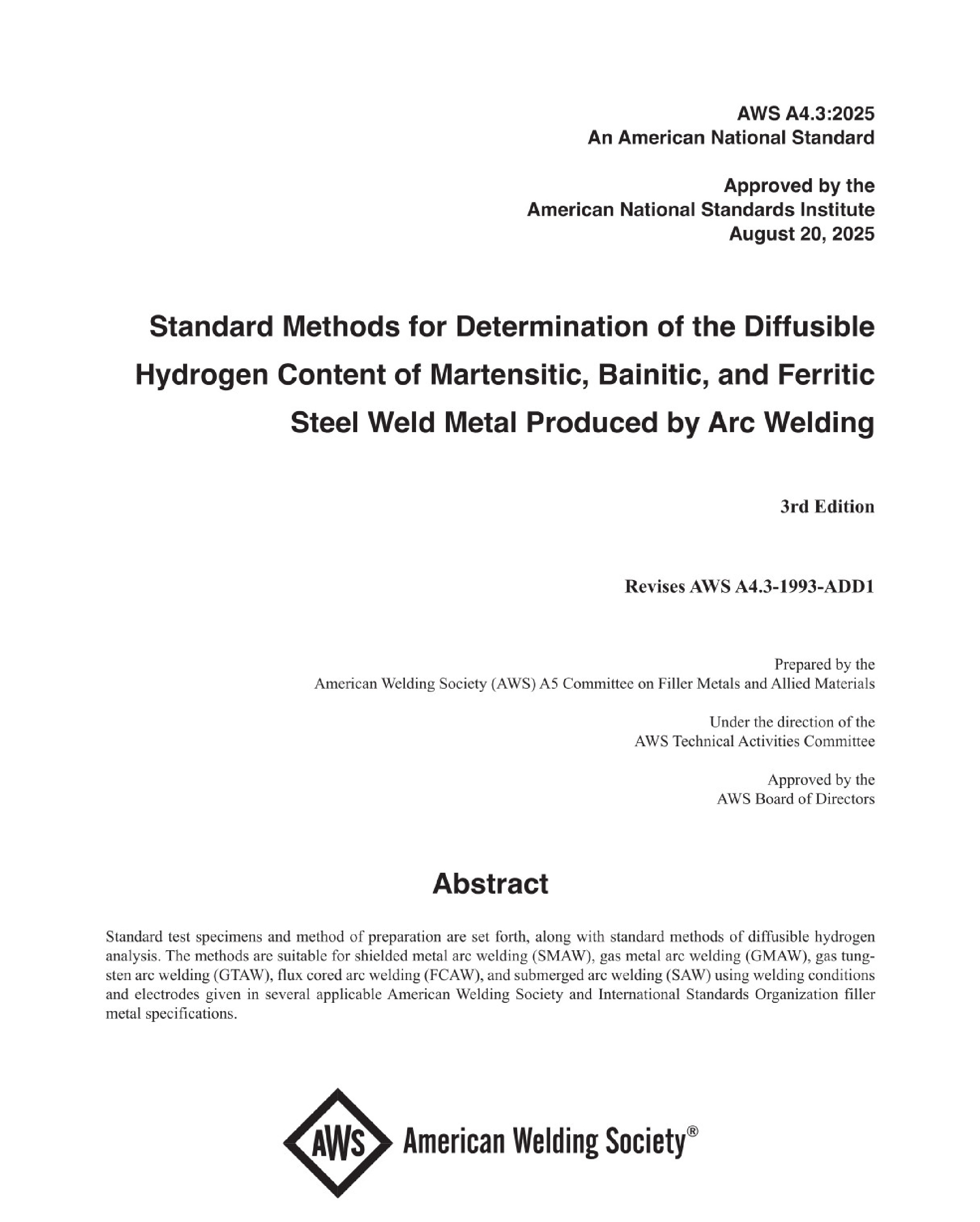 Cover preview — AWS A4.3:2025 Standard Methods for Determination of the Diffusible Hydrogen Content of Martensitic, Bainitic, and Ferritic Steel Weld Metal Produced by Arc Welding, 3rd Edition — Page 2