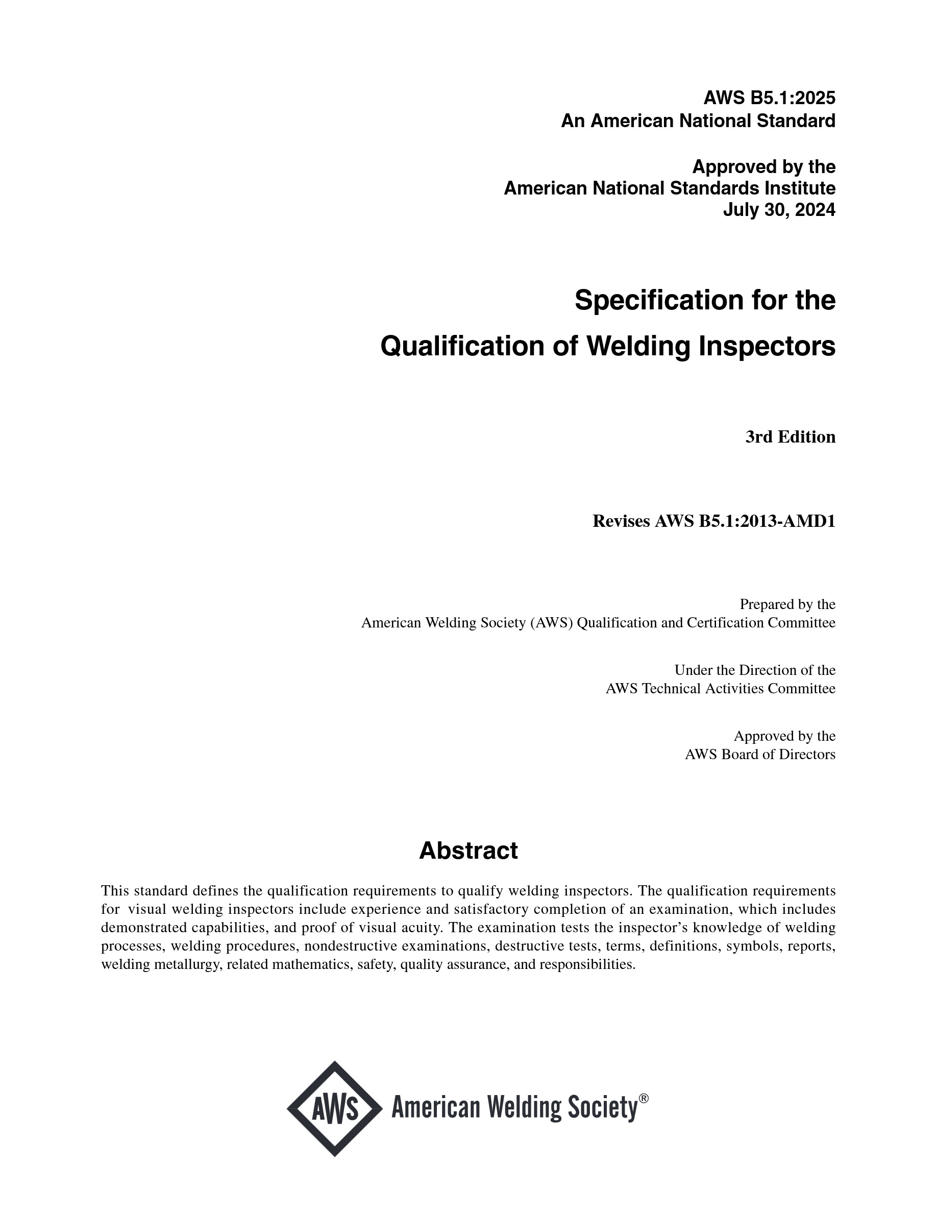 Cover preview — AWS B5.1:2025 Specification for the Qualification of Welding Inspectors, 3rd Edition — Page 2