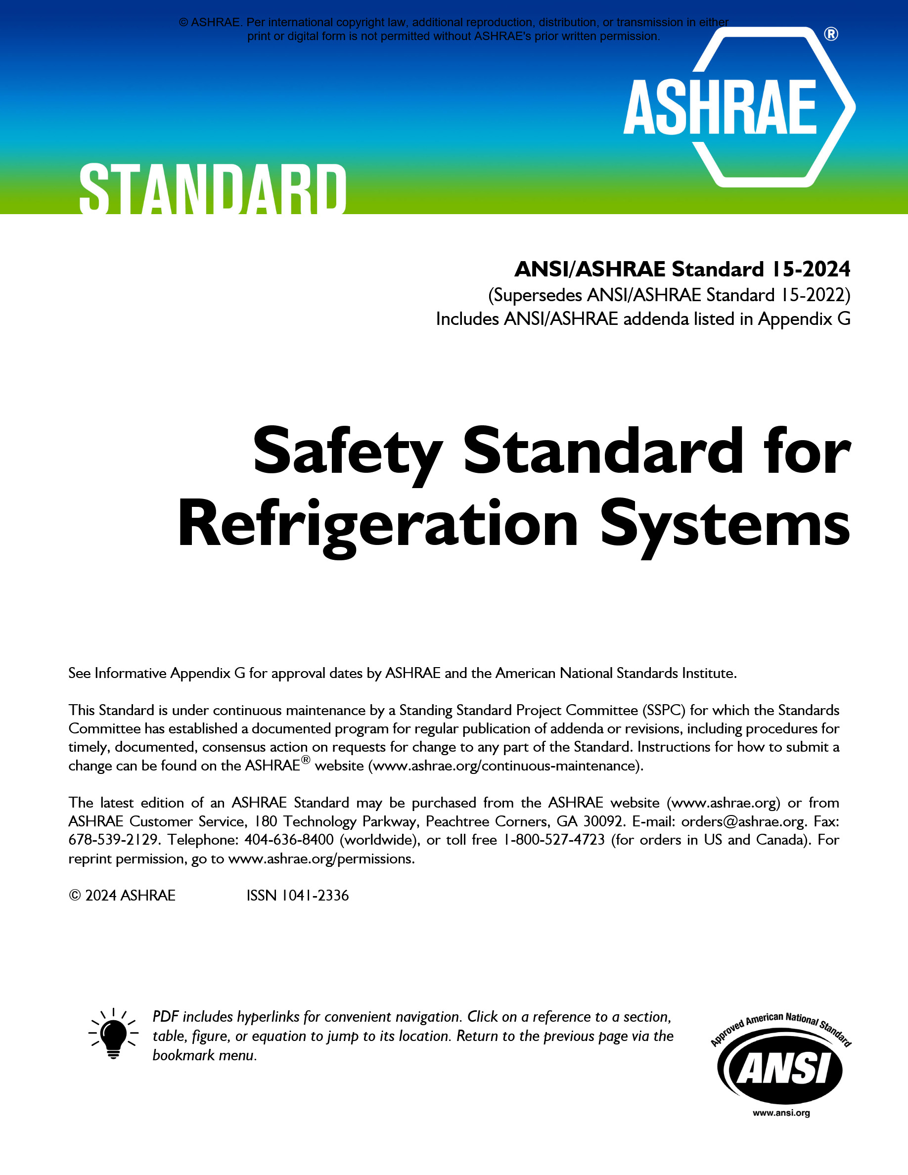 Cover preview — ASHRAE 15-2024 (packaged w/Standard 34-2024) - Safety Standard for Refrigeration Systems and Designation and Safety Classification of Refrigerants (ANSI Approved) — Page 1