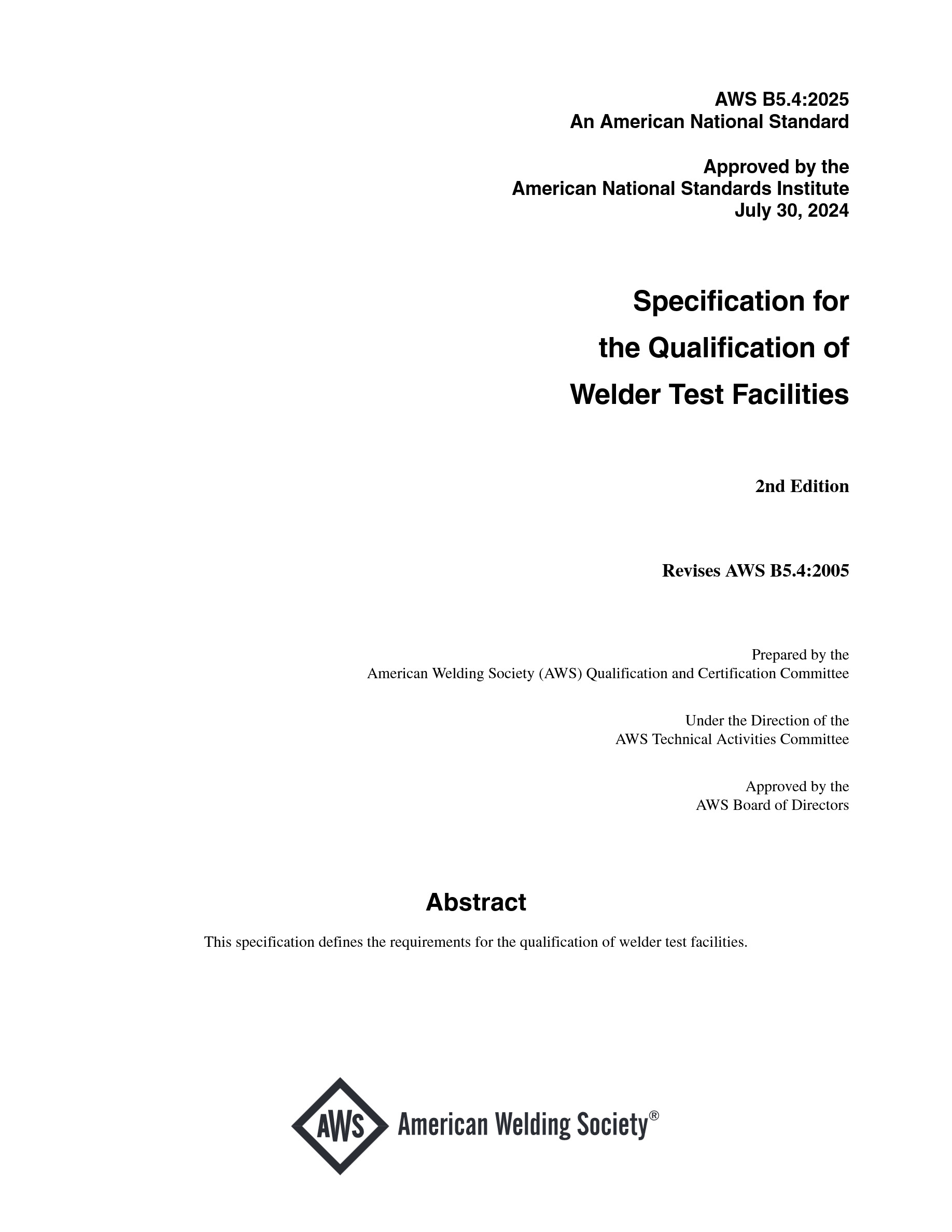 Cover preview — AWS B5.4:2025 Specification for the Qualification of Welder Test Facilities, 2nd Edition — Page 2