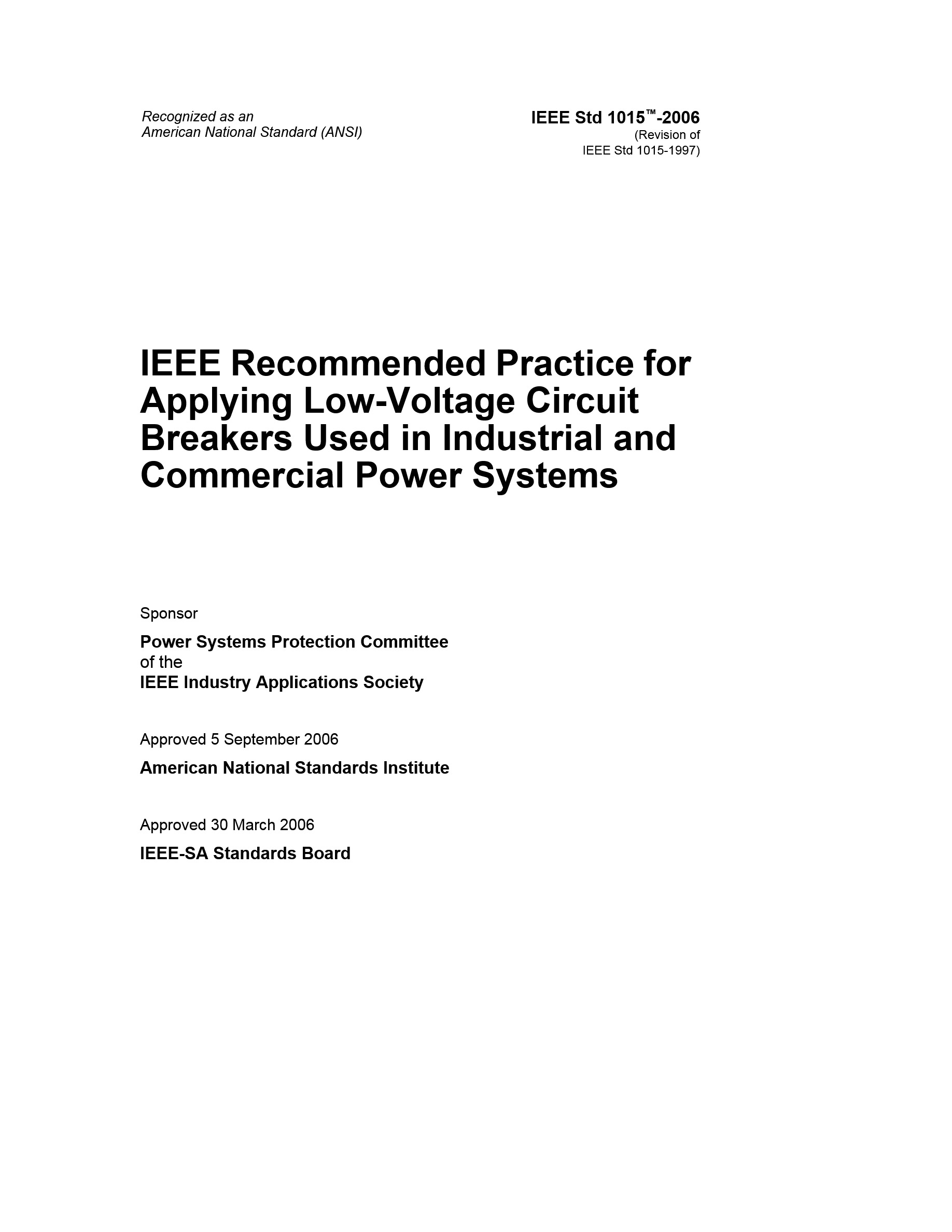 Cover preview — IEEE 1015-2006 Recommended Practice for Applying Low-Voltage Circuit Breakers Used in Industrial and Commercial Power Systems (BLUE BOOK) — Page 3