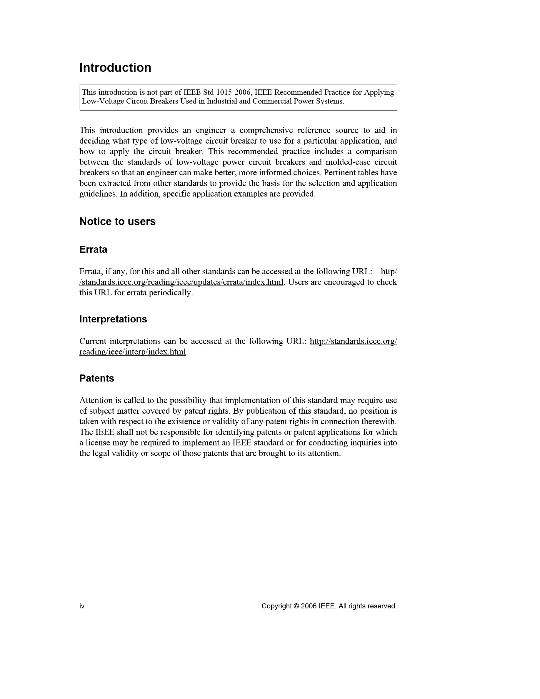 Cover preview — IEEE 1015-2006 Recommended Practice for Applying Low-Voltage Circuit Breakers Used in Industrial and Commercial Power Systems (BLUE BOOK) — Page 6
