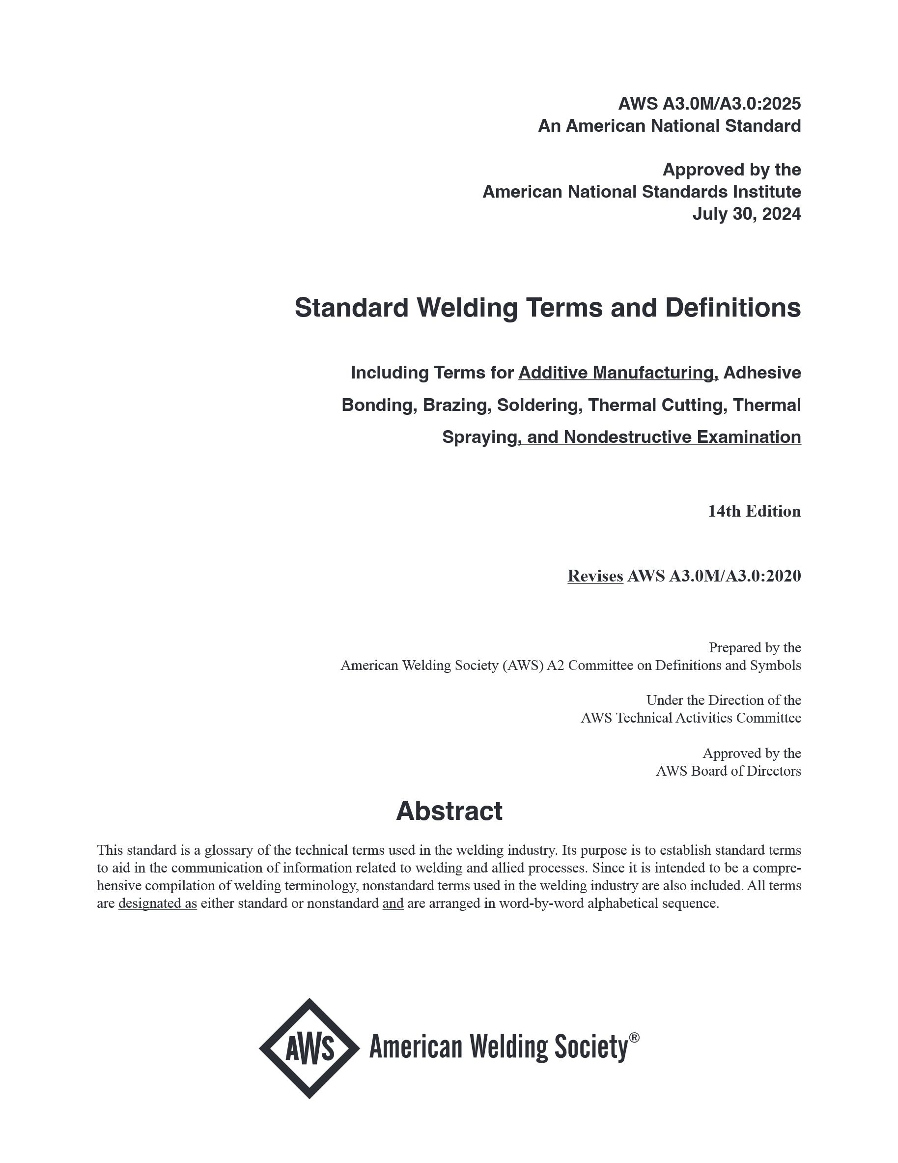 Cover preview — AWS A3.0M/A3.0 Standard Welding Terms and Definitions Including Terms for Additive Manufacturing, Adhesive Bonding, Brazing, Soldering, Thermal Cutting, Thermal Spraying, and Nondestructive Examination - 14th Edition — Page 2