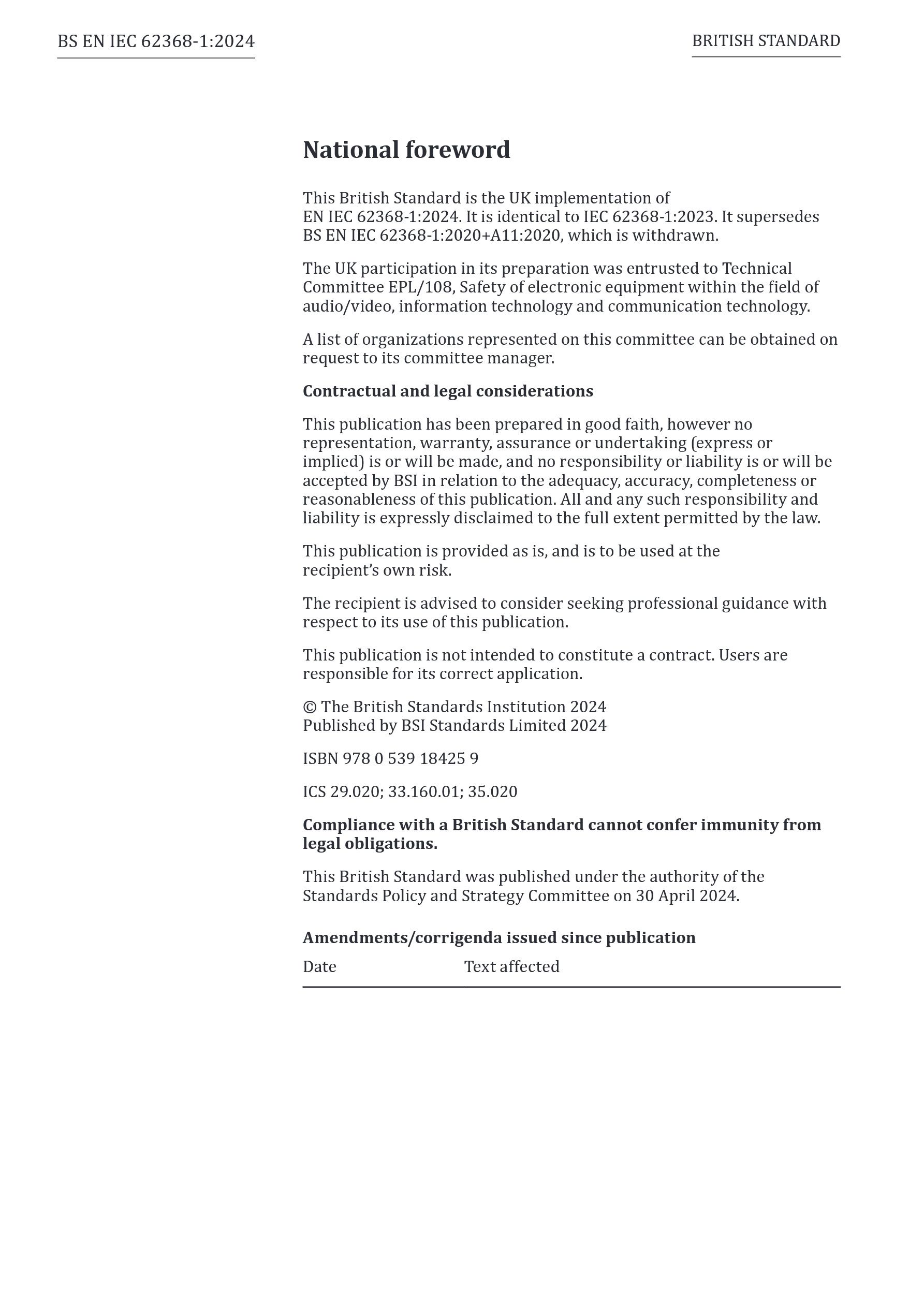 Cover preview — BS EN IEC 62368-1:2024+A11:2024 Audio/video, information and communication technology equipment - Safety requirements - Incorporating corrigendum July 2024 — Page 2