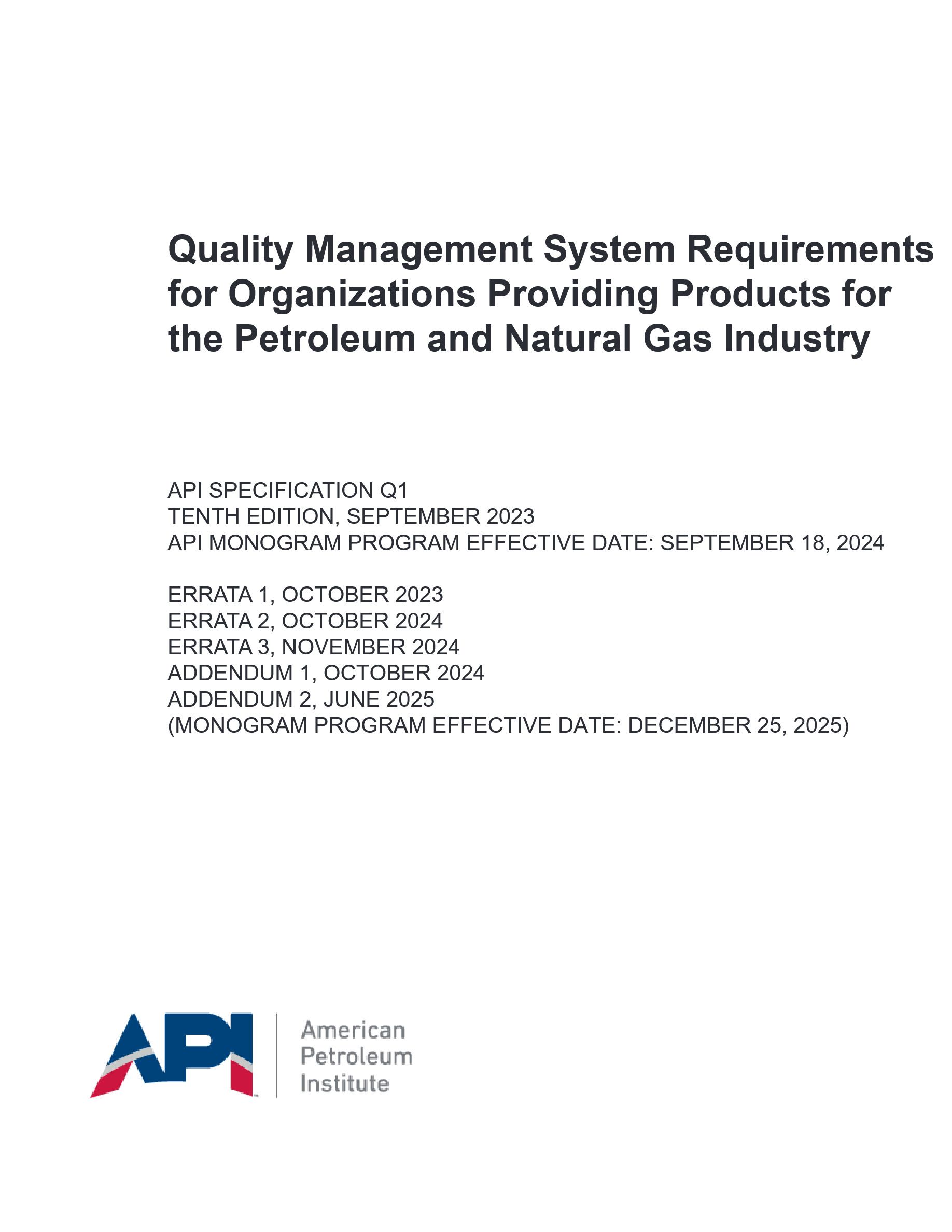 Cover preview — API Spec Q1 Quality Management System Requirements for Organizations Providing Products for the Petroleum and Natural Gas Industry, Tenth Edition — Page 1
